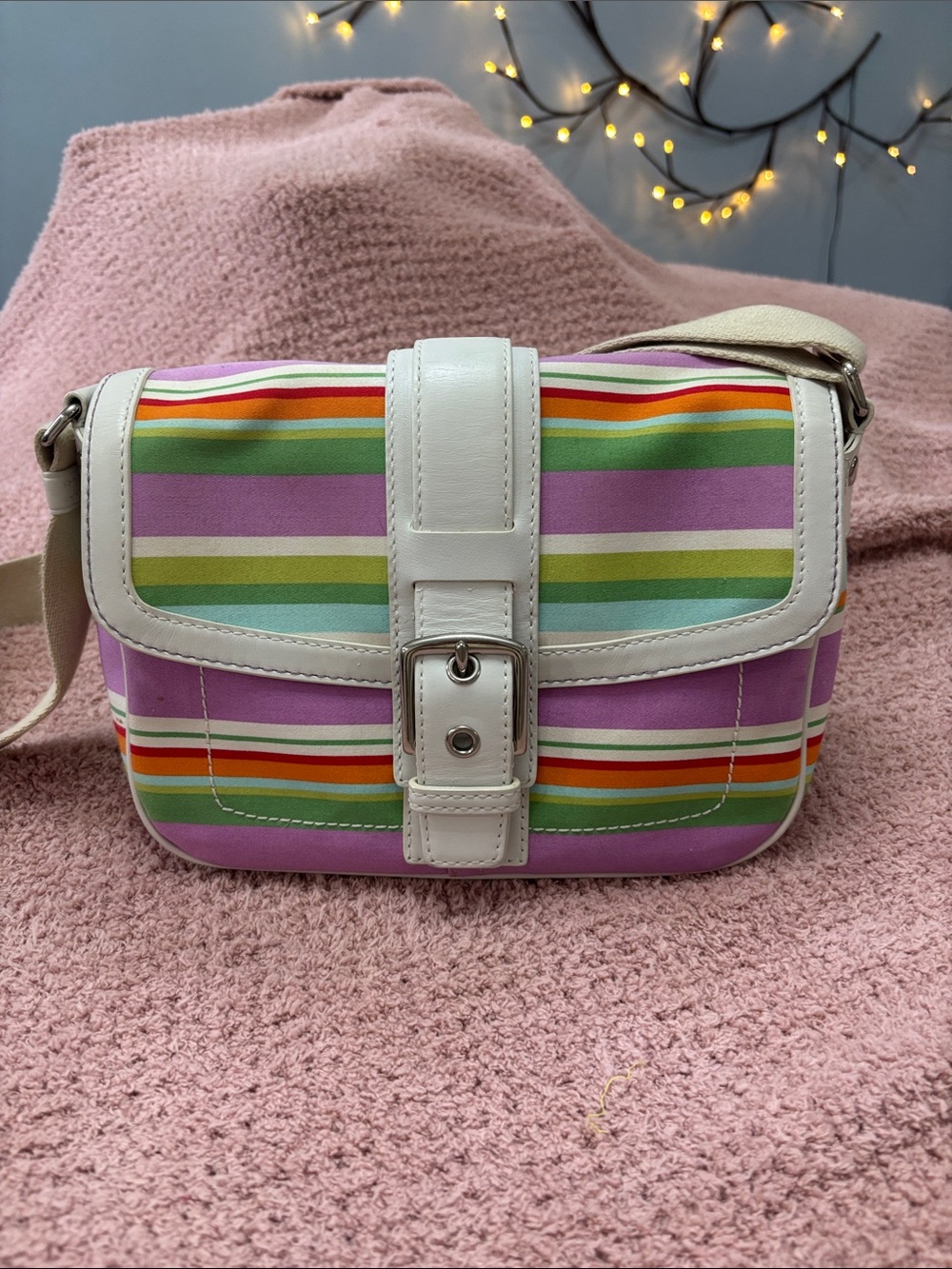 Coach Multicolor Striped Crossbody Bag with Lavender and Cream Trim